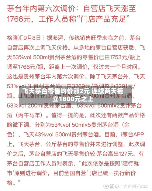飞天茅台零售均价涨2元 连续两天挺立1800元之上