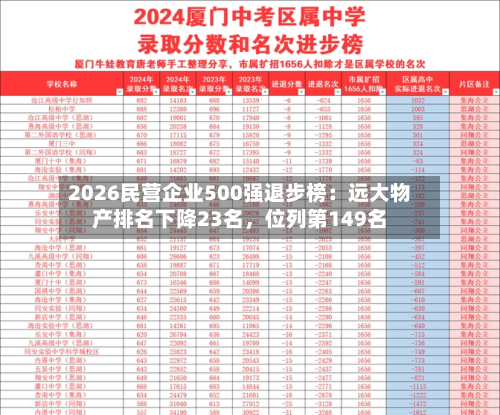 2026民营企业500强退步榜：远大物产排名下降23名，位列第149名