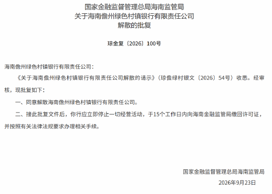 海南儋州绿色村镇银行获批解散 由海南农商行吸收合并