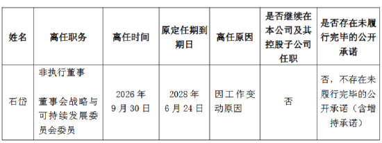 招商银行：非执行董事石岱因工作变动原因辞任